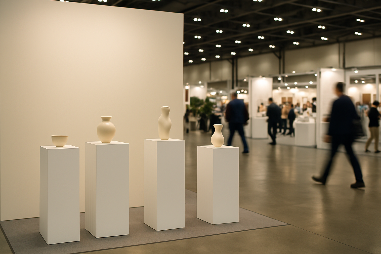 White ceramic vases on pedestals in a blurred exhibition hall with people walking around.
